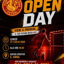 Locandina dell'open day della scuola calcio: lunedì 27 luglio, dalle 18.30 alle 20.00, al Centro Sportivo Sant'Anna, per i nati dal 2014 al 2021